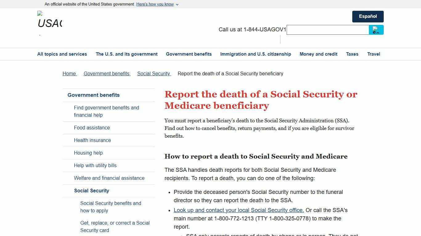 Report the death of a Social Security or Medicare beneficiary | USAGov