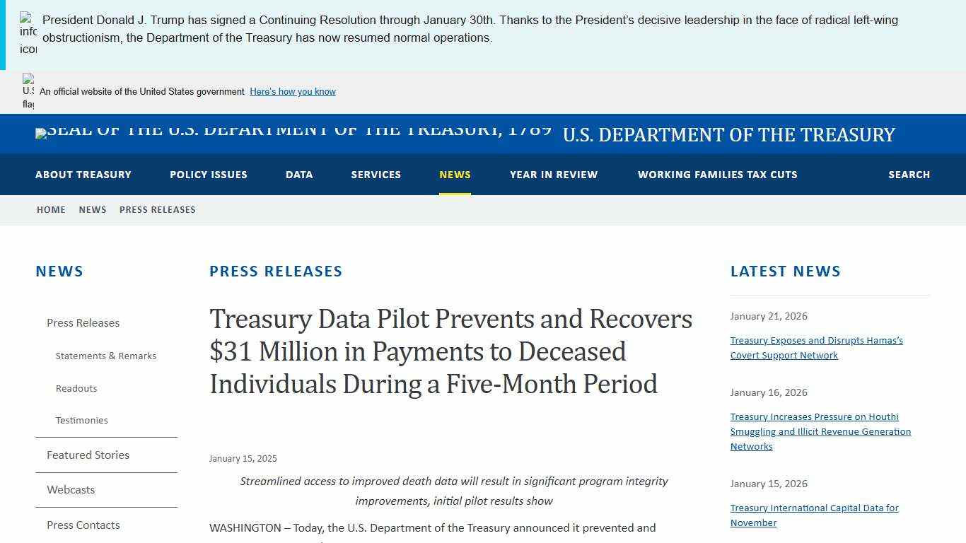 Treasury Data Pilot Prevents and Recovers $31 Million in Payments to Deceased Individuals During a Five-Month Period | U.S. Department of the Treasury