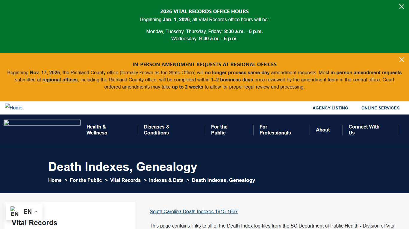 Death Indexes, Genealogy | South Carolina Department of Public Health